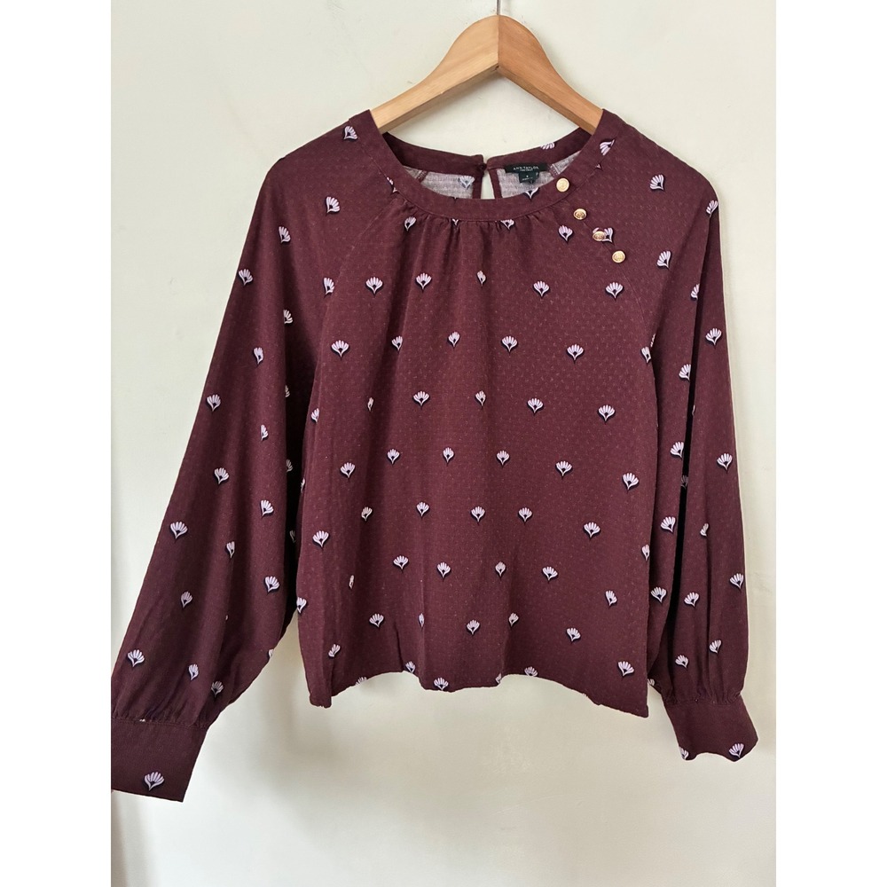 Ann Taylor Fall Burgundy Floral Dobby Blouse Gold Buttons Small Boho